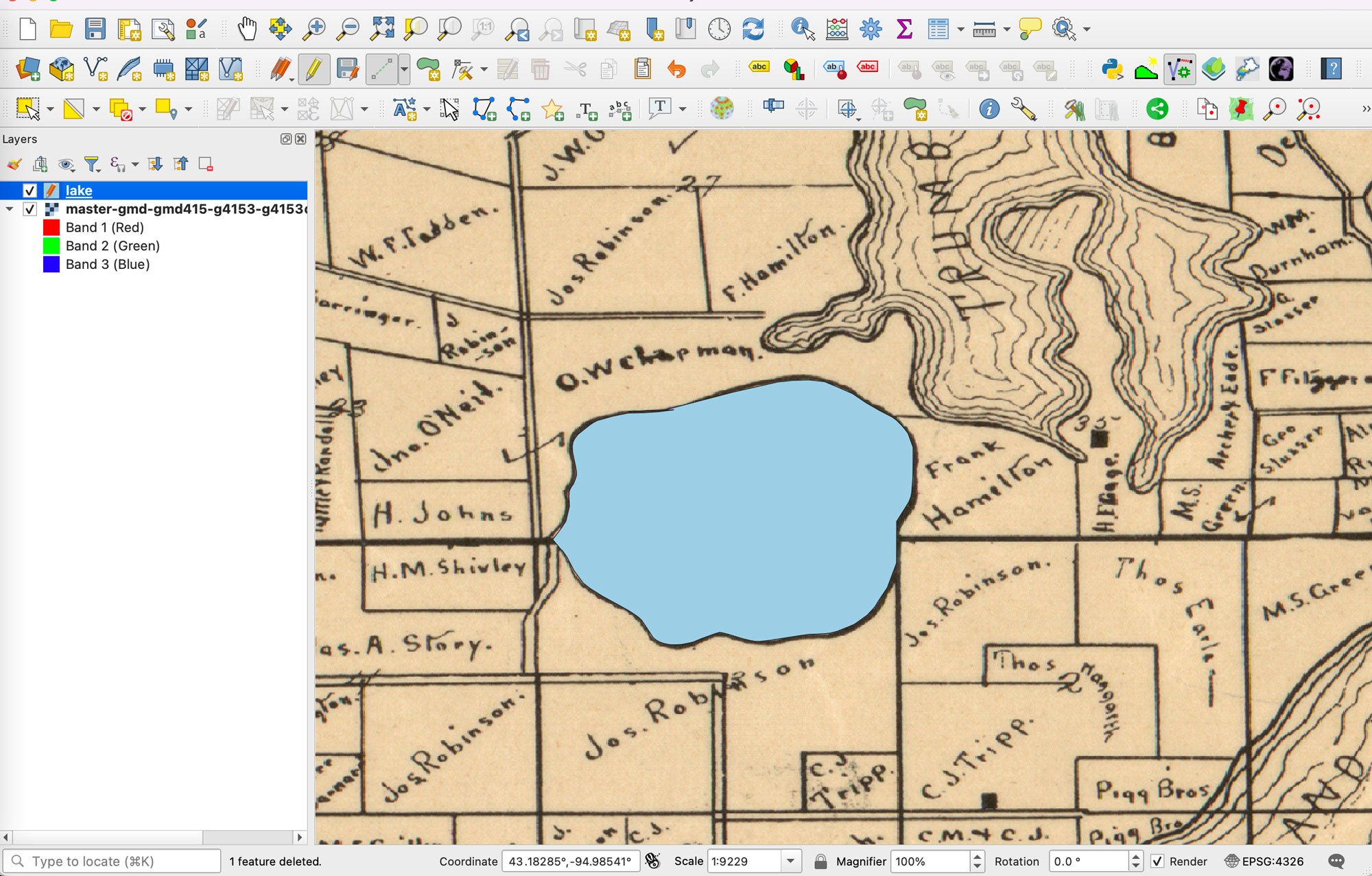 A completed polygon that has been digitized with artificial intelligence from a map.