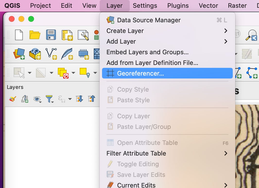 Screenshot showing how to pick the Georeferencer tool in QGIS.