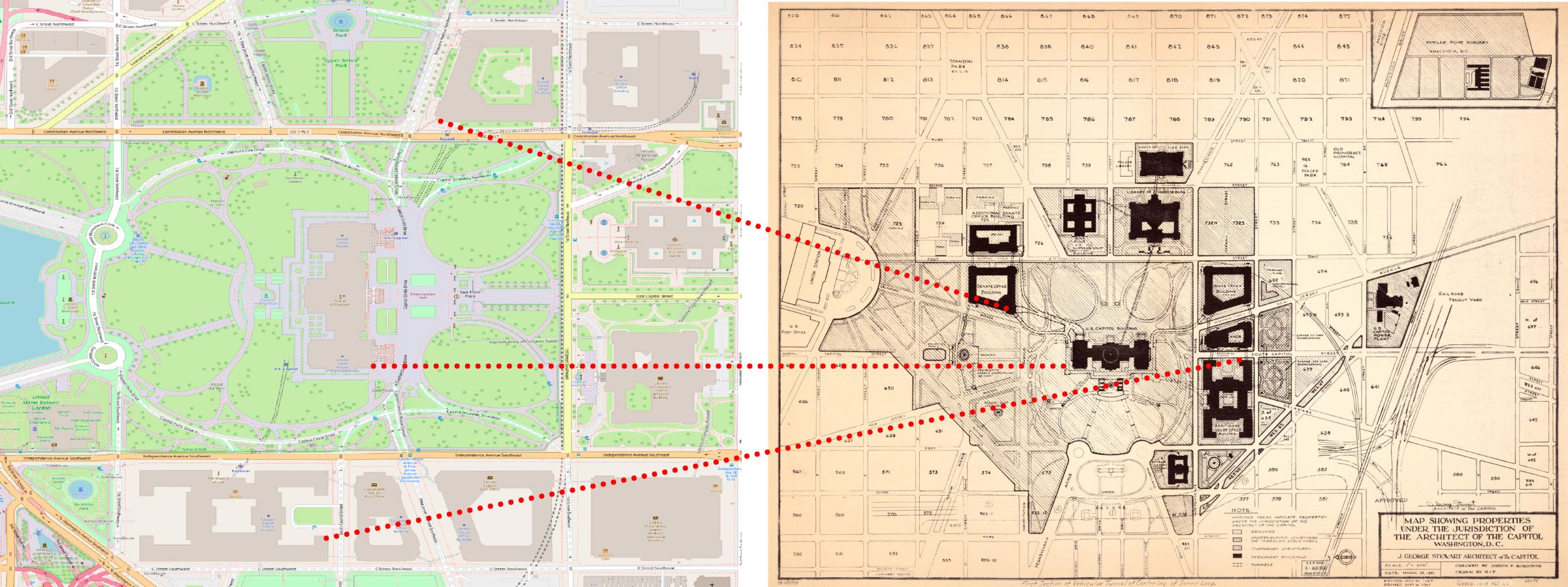 Side by side views of the US capital building in a map on the left taken from OpenStreetMap showing buildings, greenery, and roads, and a yellowed black and white map on the right of the same area of geography.