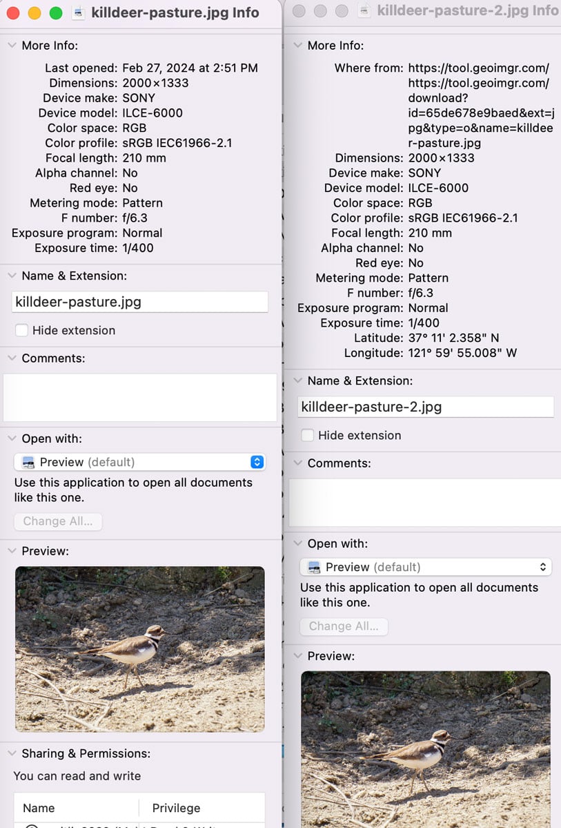Side by side image properties windows showing the same image but the one on the right has geographic coordinates.