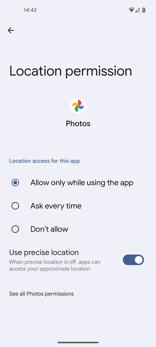 Screenshot showing where to set permission for location when taking photos on an Android.