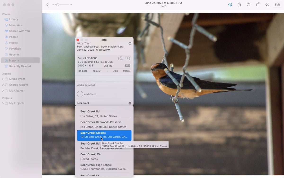 Screenshot showing the edit location for adding geographic information to a photo.