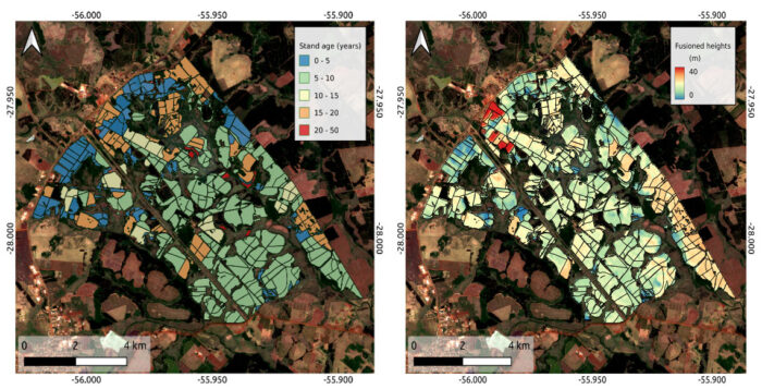 Maps showing age of forest stands (left) and estimate tree canopy heights (right).