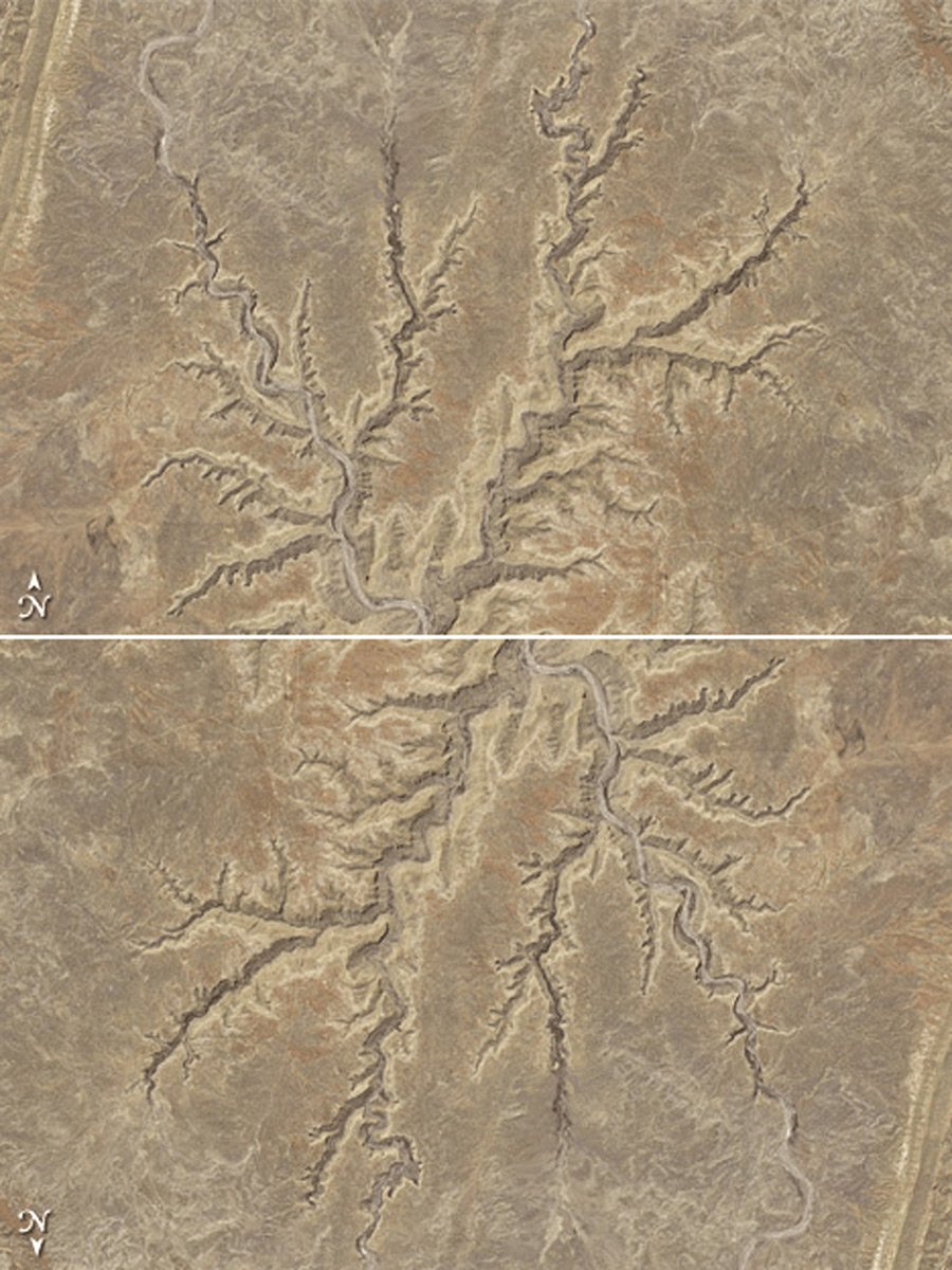 Flipping the image helps the brain correctly interpreted this image of Grand Staircase-Escalante National Monument as canyons. Image: NASA.