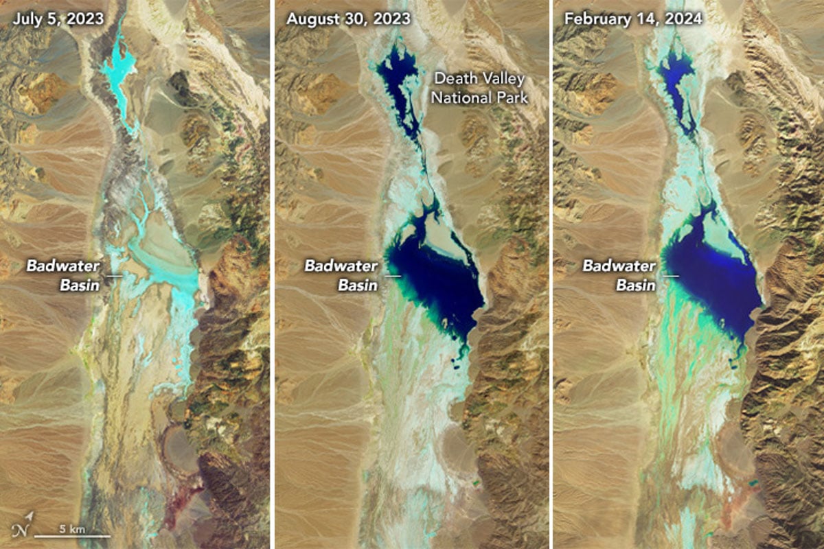 Three side-by-side satellite images showing the emergence of an ephemeral lake in Badwater Basin.