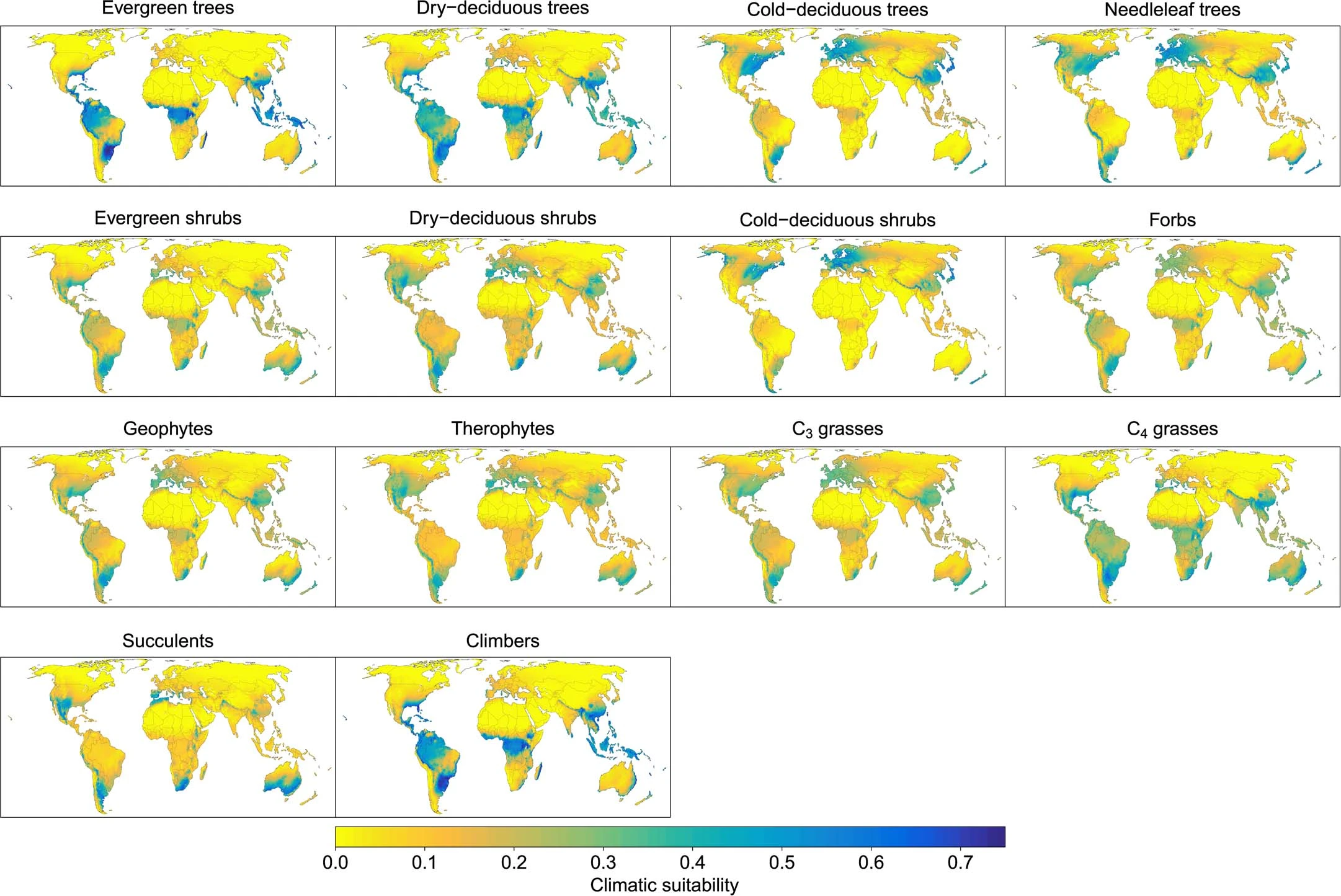 Series of world maps showing suitability of various plant forms in 2070.
