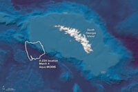 Shaded relief map with shades of blue showing the location of an iceberg off the coast of an Antarctic island.