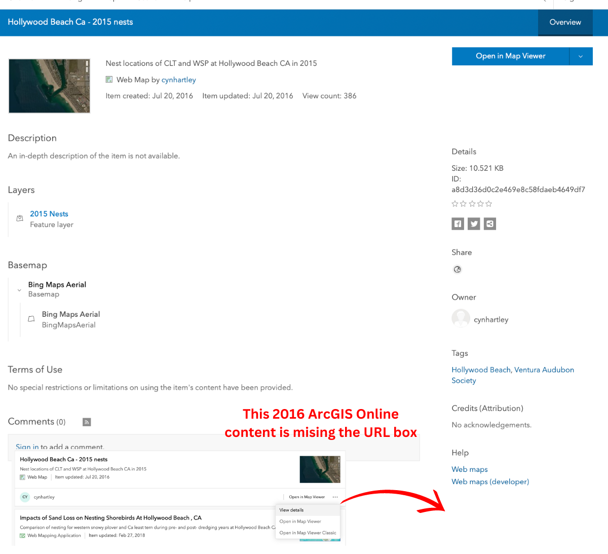 Screenshot showing the detail page for an ArcGIS Online feature server for nesting sites.