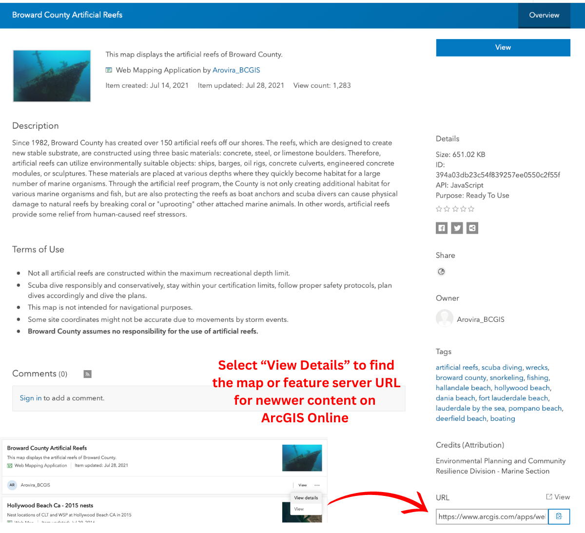 Screenshot showing the detail page on ArcGIS Online for a feature dataset.