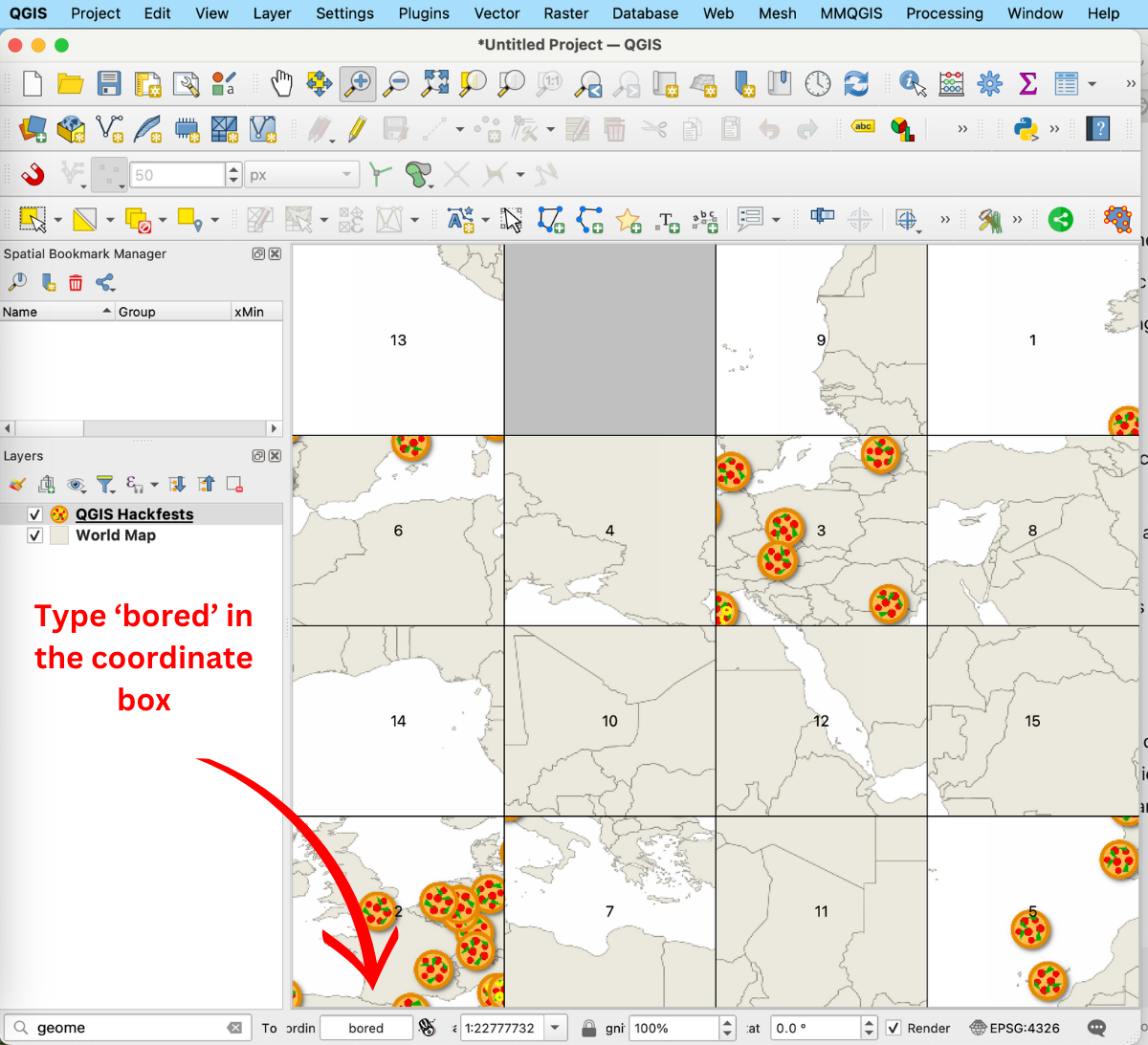 لوحة خريطة QGIS تم تحويلها إلى لغز منزلق.