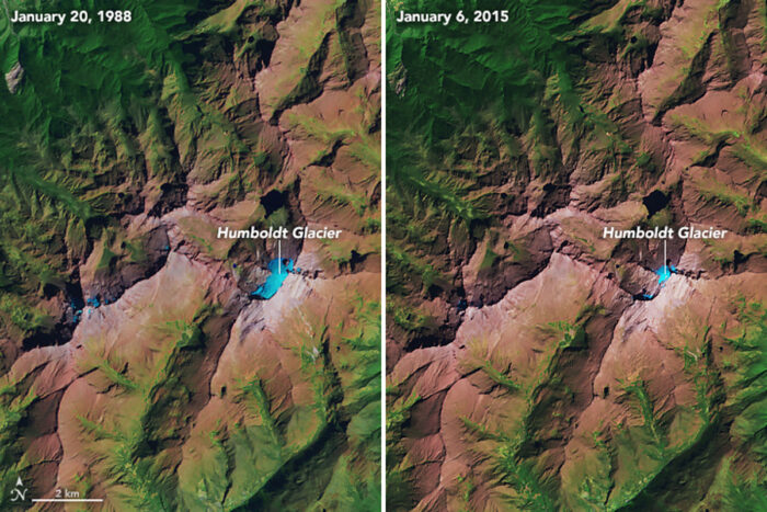 Side by side satellite images of a glacier in 1988 and 2015 showing the glacier shrinking.