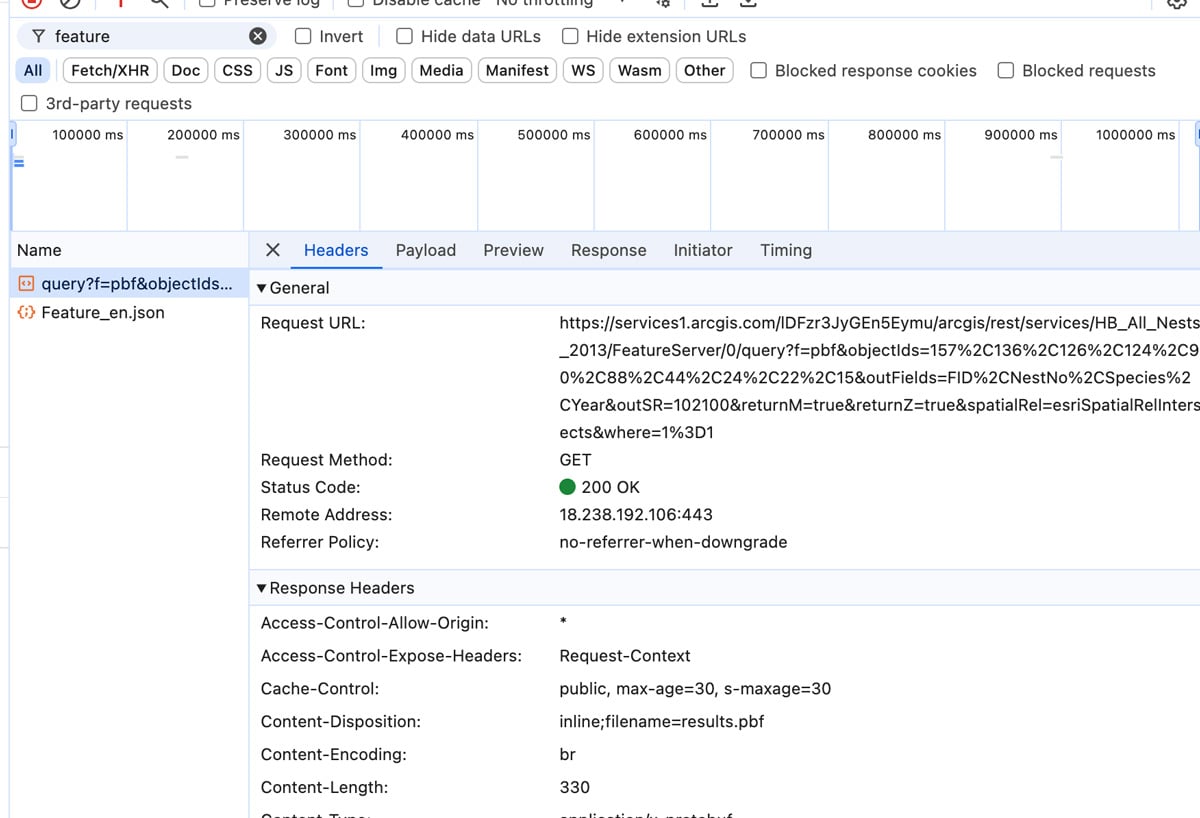 Screenshot showing the URL string for a network request in Chrome.