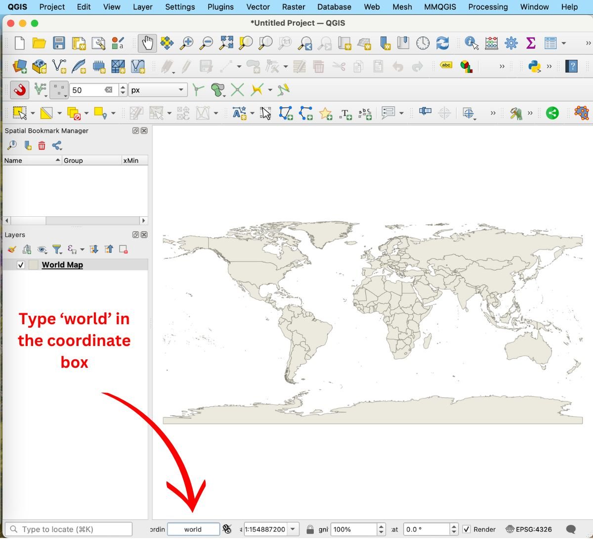 لقطة شاشة تعرض خريطة أساسية للعالم في QGIS.