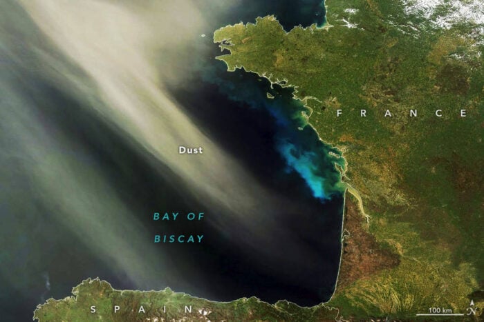 Image from NASA's Aqua satellite showing Saharan dust and a phytoplankton bloom (bright blue) off the coasts of France and Spain.