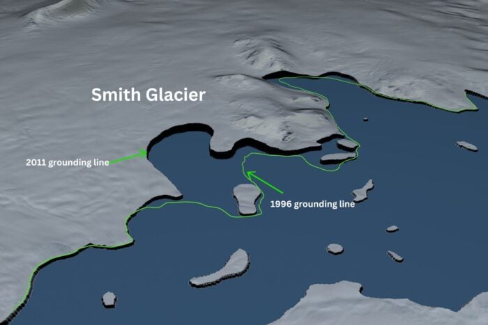 Visualization by NASA showing the retreat of the Smith Glacier grounding line between 1996 and 2011.