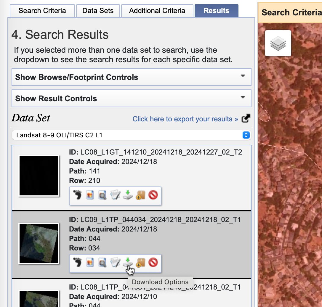 Screenshot showing image search results for Landsat images.