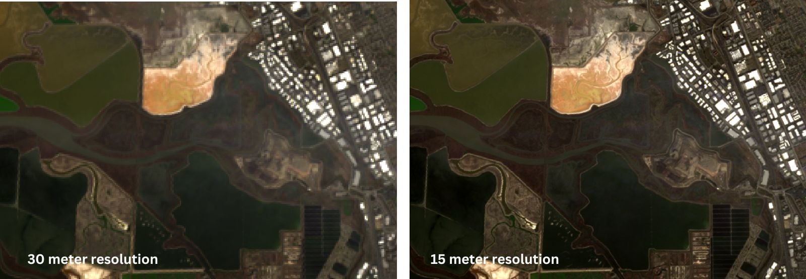 With pansharpening, the panchromatic Landsat spectral band can be used to increase the resolution of Landsat imagery.