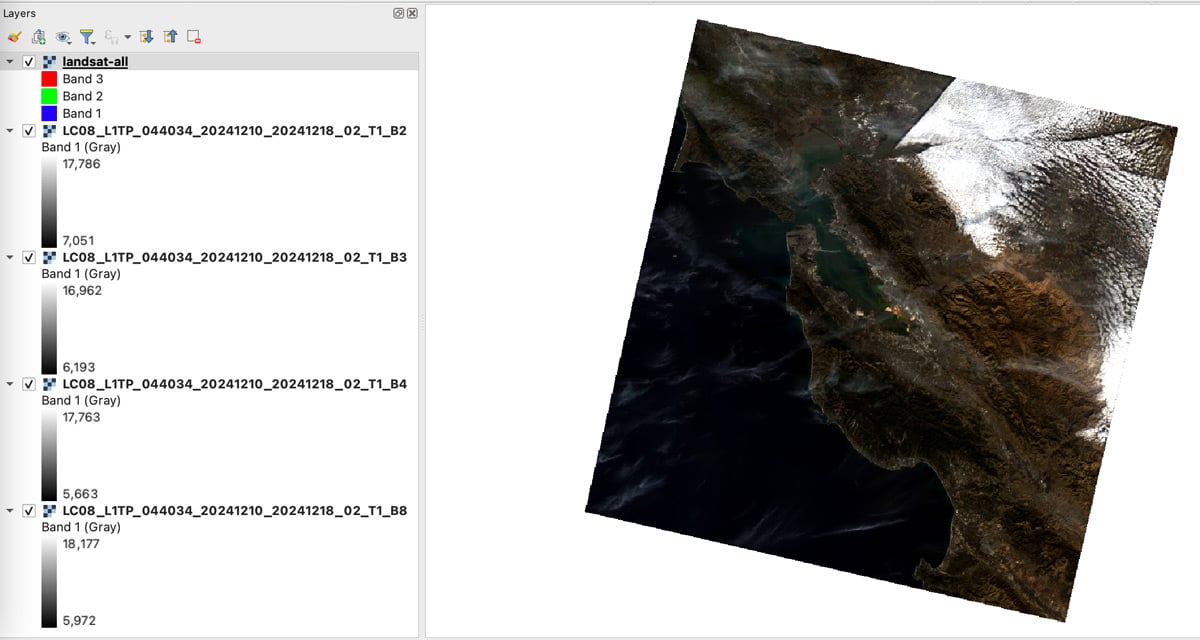 Virtual raster layer with merged Blue, Green, and Red spectral Landsat bands.