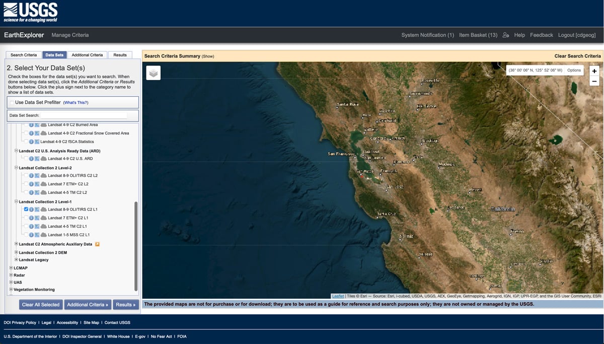 Screenshot of the USGS earth explorer showing imagery of the SF Bay Area.