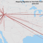 Mapping Migration to Twin Falls From Other U.S. Citie, 2016-2020. Data: U.S. Census Bureau, Natural Earth. Map: Caitlin Dempsey.