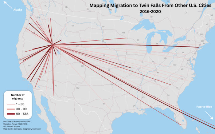 Mapping Migration to Twin Falls From Other U.S. Citie, 2016-2020. Data: U.S. Census Bureau, Natural Earth. Map: Caitlin Dempsey.
