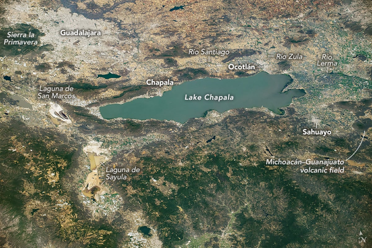An oblique photo from the International Space Station of Lake Chapala in Mexico.