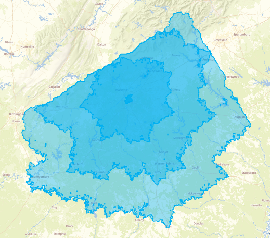 City-region of Atlanta for one-, two-, and 3-hour travel time cut-offs.
Source: FAO (2025) City–Region Explorer.