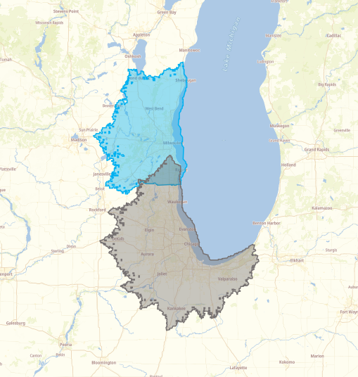 Map showing City-regions of Chicago (grey) and Milwaukee (blue) for a one-hour travel time cut-off.