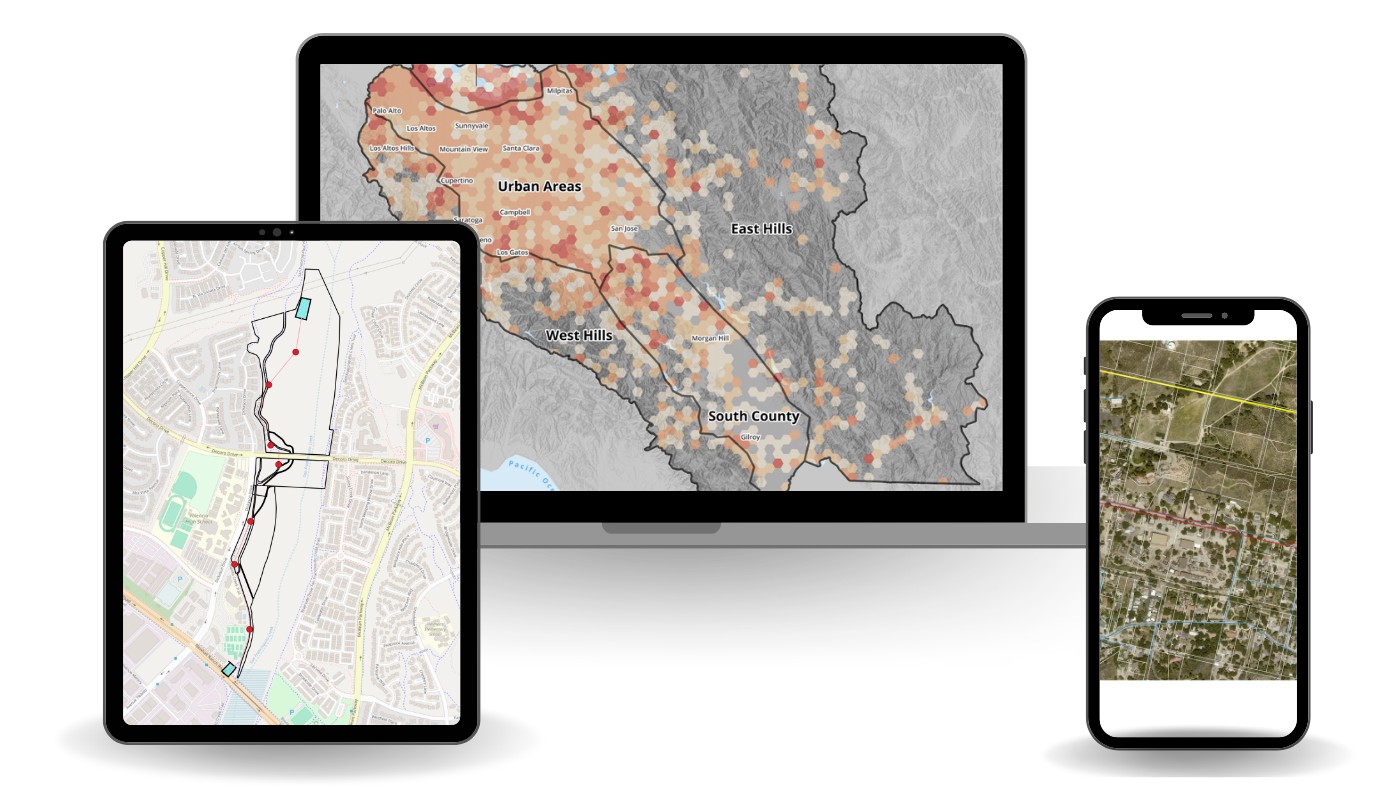 Illustration of geographic information system (GIS) maps displayed on a tablet, laptop, and smartphone, showing spatial analysis, digital mapping, and aerial imagery.