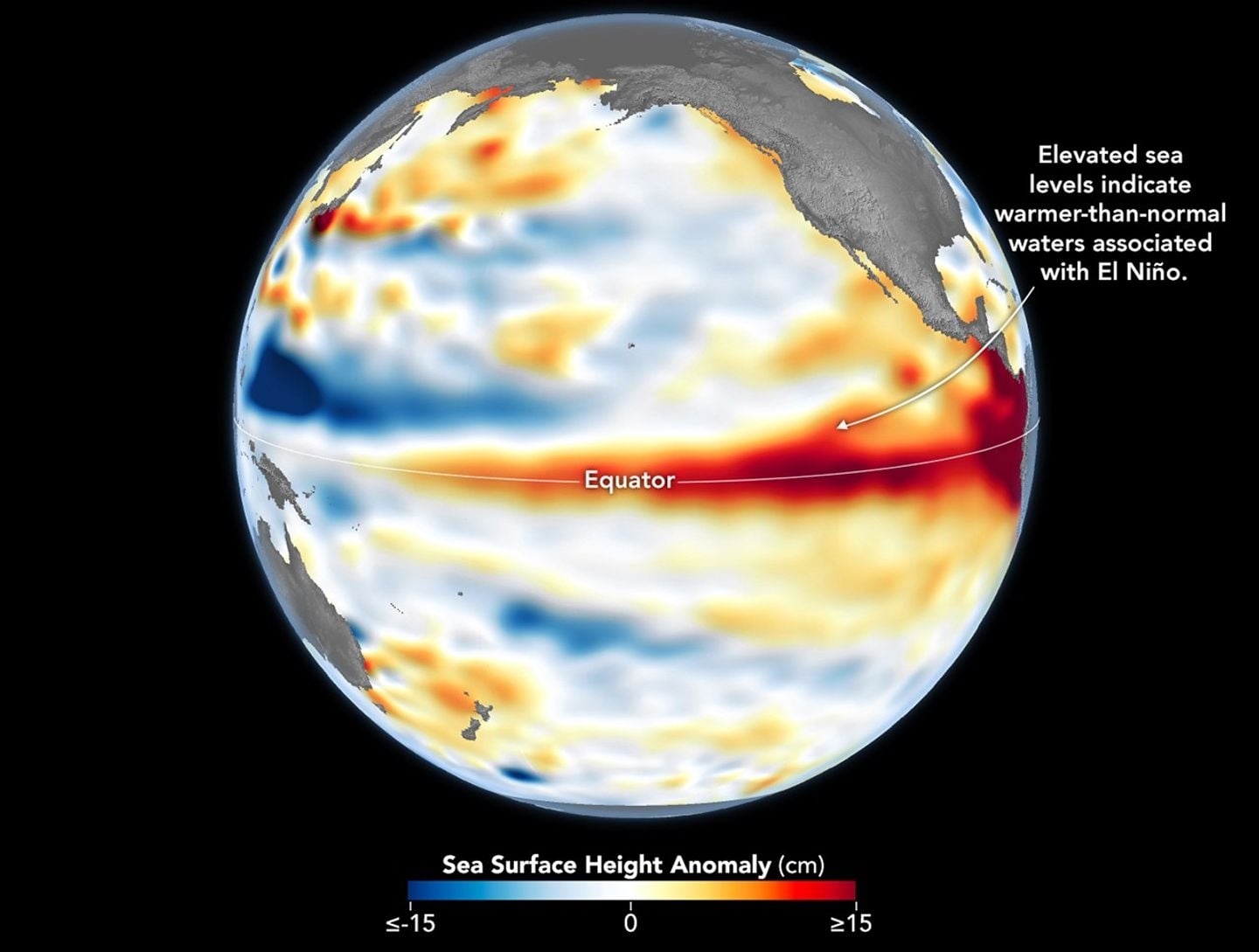 Globe view of the Pacific Ocean showing sea surface height anomalies on June 8, 2026. Red and orange colors indicate higher-than-average sea levels concentrated along the equatorial eastern Pacific, while blue areas indicate lower-than-average sea levels. A color bar at the bottom shows anomalies ranging from -15 centimeters to +15 centimeters.