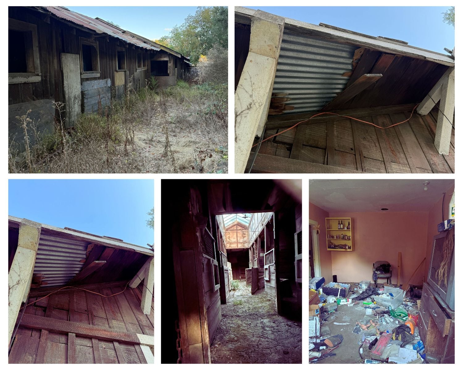 Deteriorating buildings, dry vegetation against wooden structures, exterior extension cords, and cluttered interiors at Bear Creek Stables, a Midpeninsula Regional Open Space District property. Source photographs taken September 16, 2026.